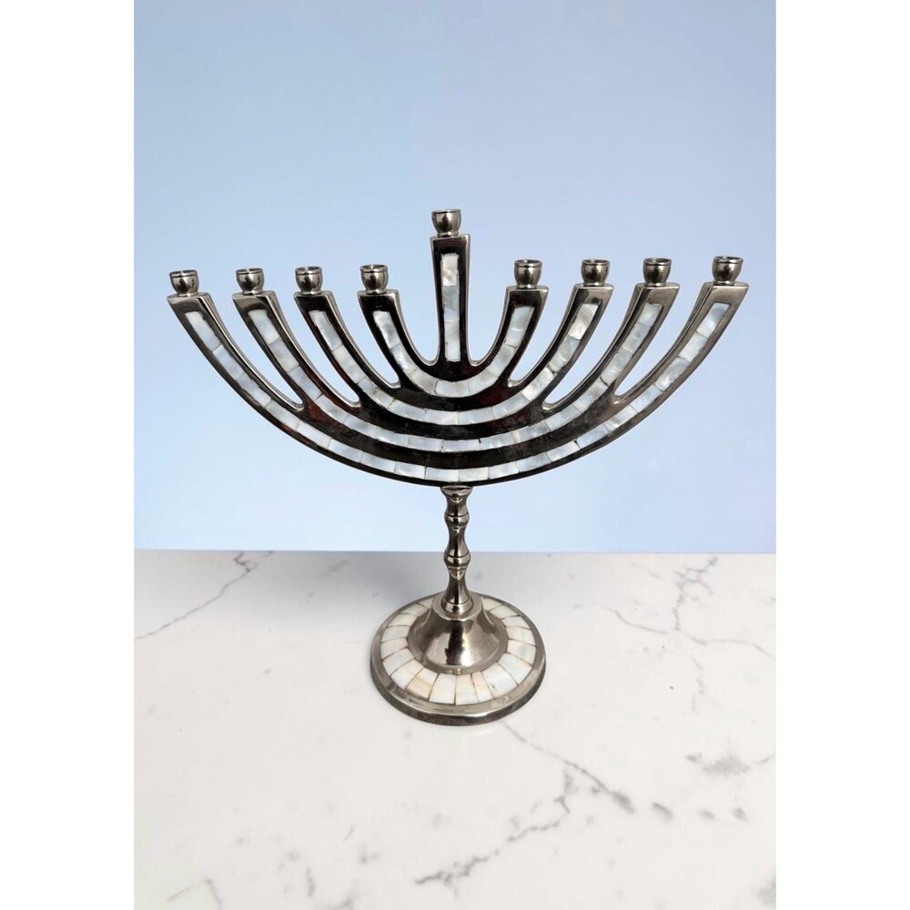Copa Judaica Mother of Pearl Menorah - Silver Modern Hanukkah Menorah